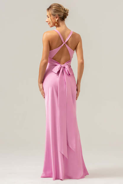 Modecrush Pink Mermaid V Neck Ruched Satin Long Bridesmaid Dress with Lace Up Back