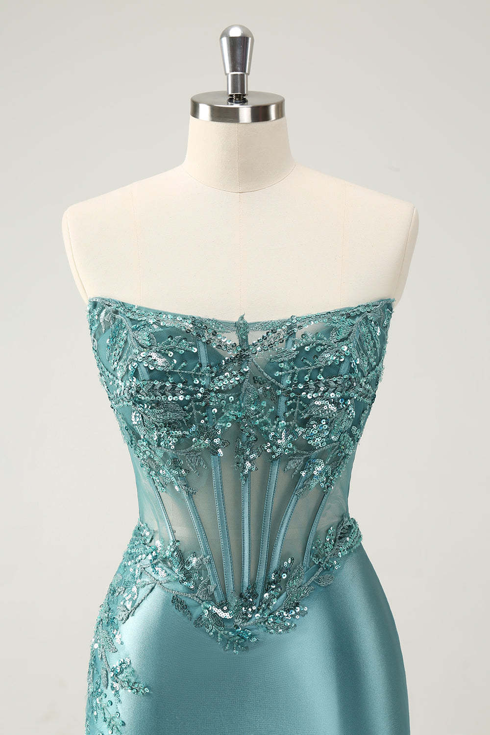 Homecoming Dress: Glittering Strapless Corset Mini with Peacock Appliques