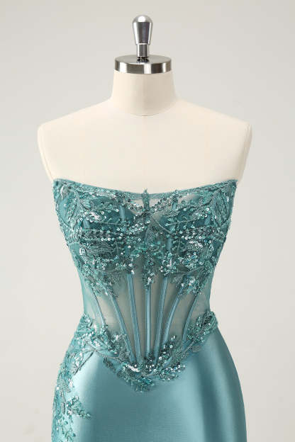 Homecoming Dress: Glittering Strapless Corset Mini with Peacock Appliques