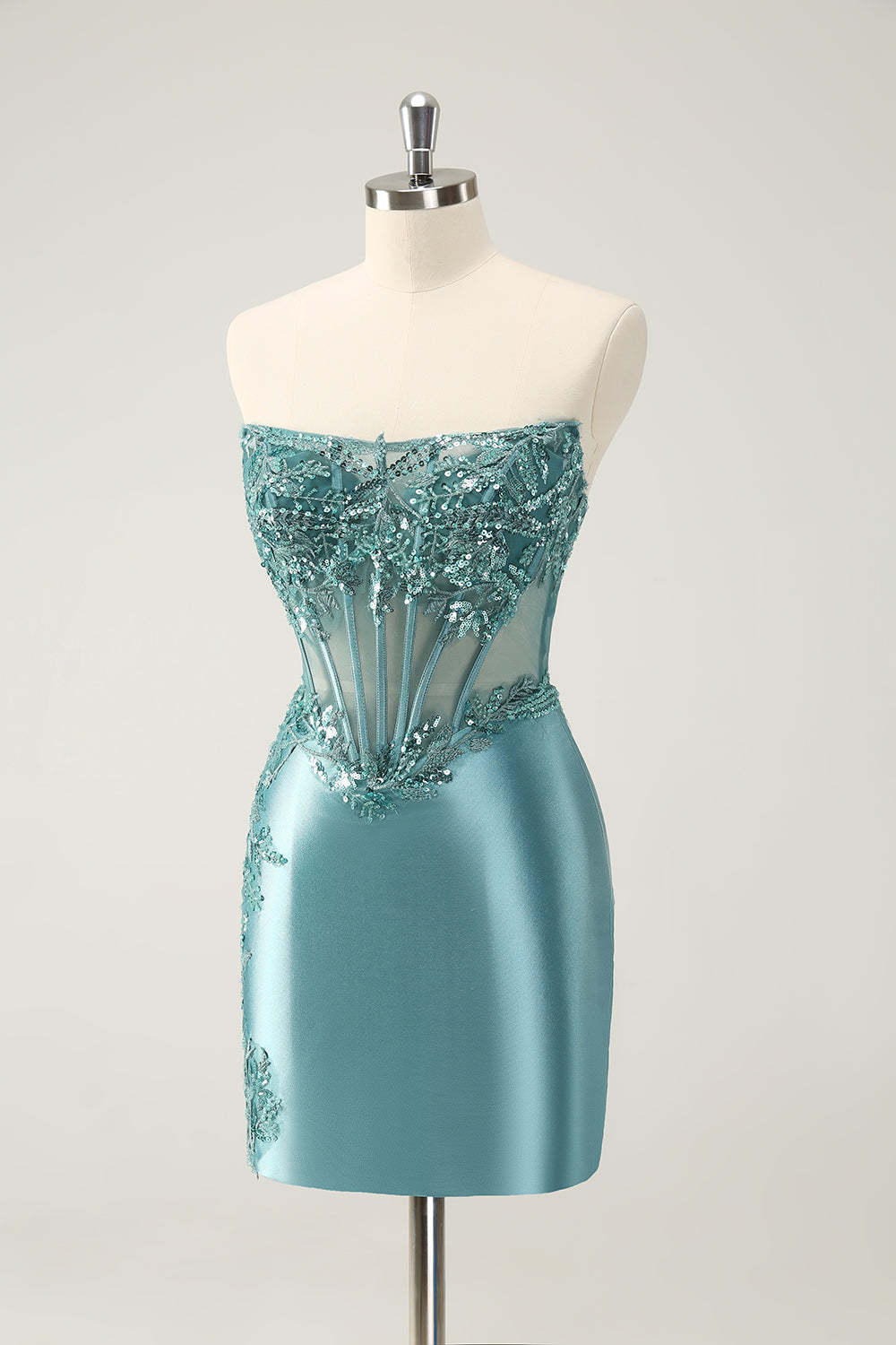 Homecoming Dress: Glittering Strapless Corset Mini with Peacock Appliques