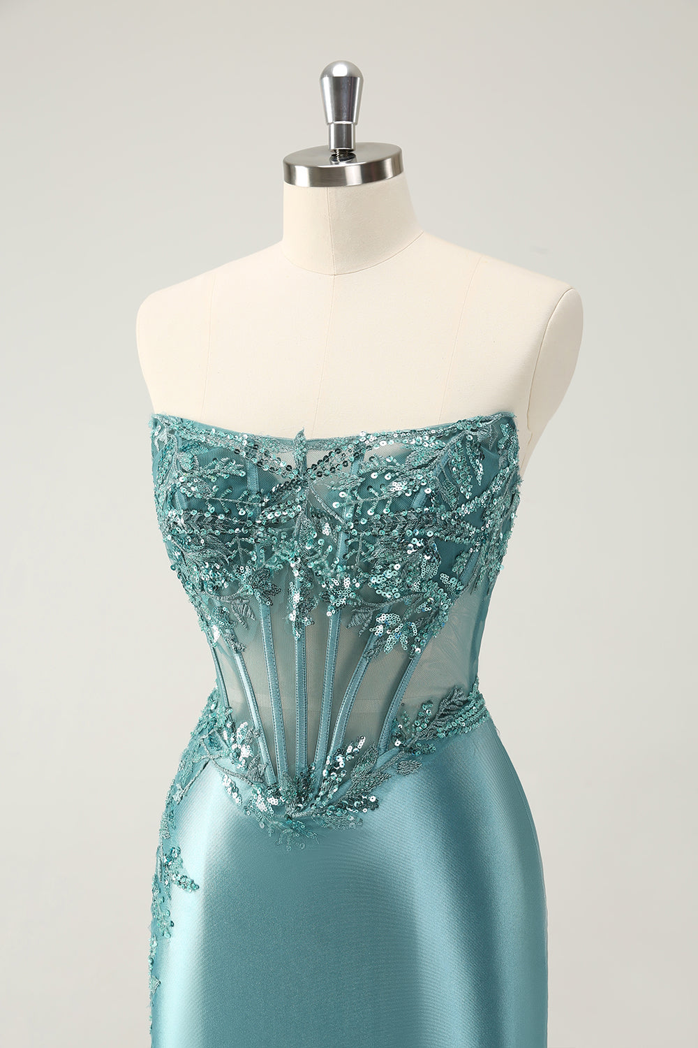 Homecoming Dress: Glittering Strapless Corset Mini with Peacock Appliques