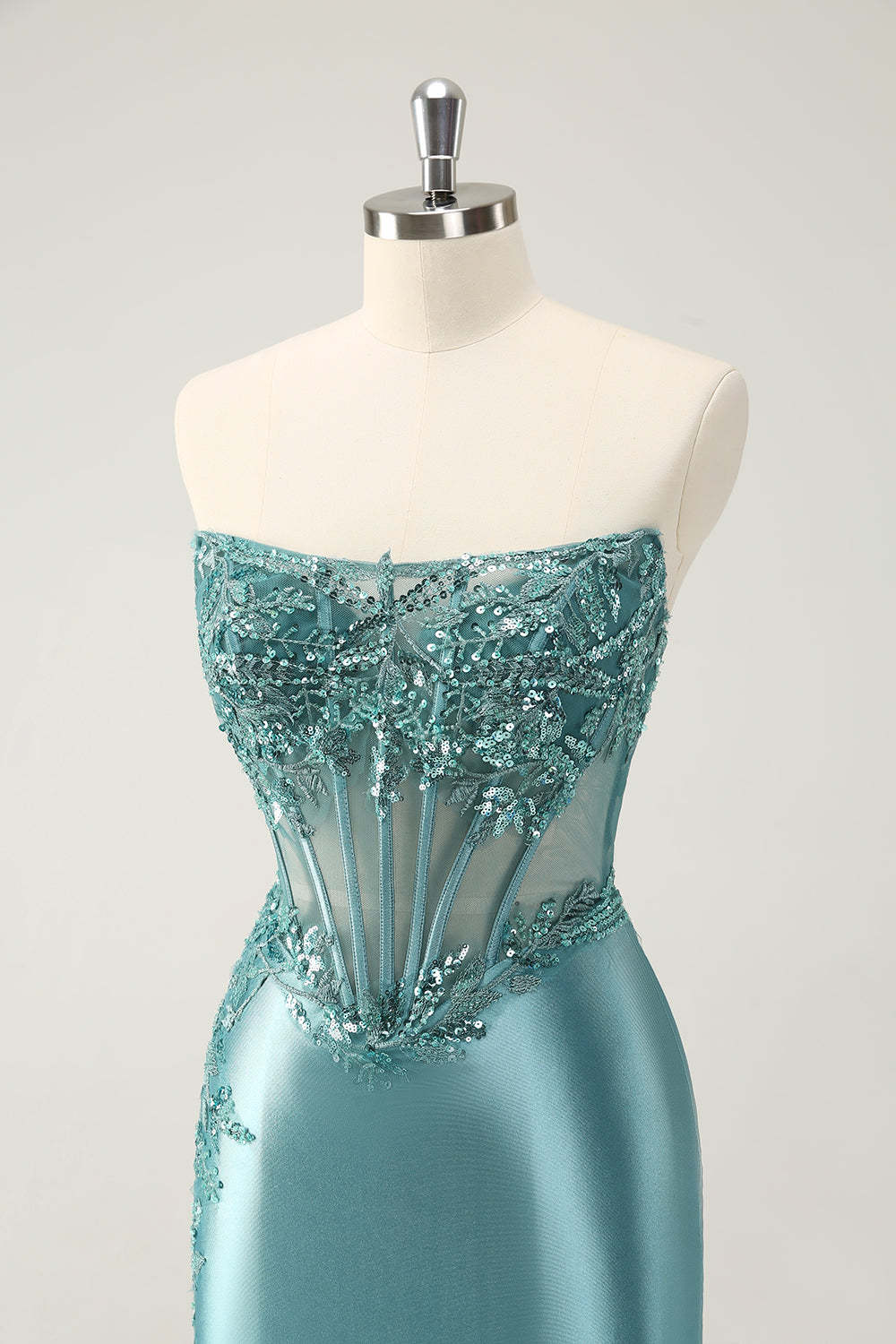 Homecoming Dress: Glittering Strapless Corset Mini with Peacock Appliques