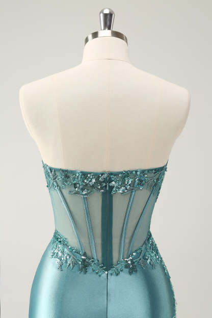 Homecoming Dress: Glittering Strapless Corset Mini with Peacock Appliques
