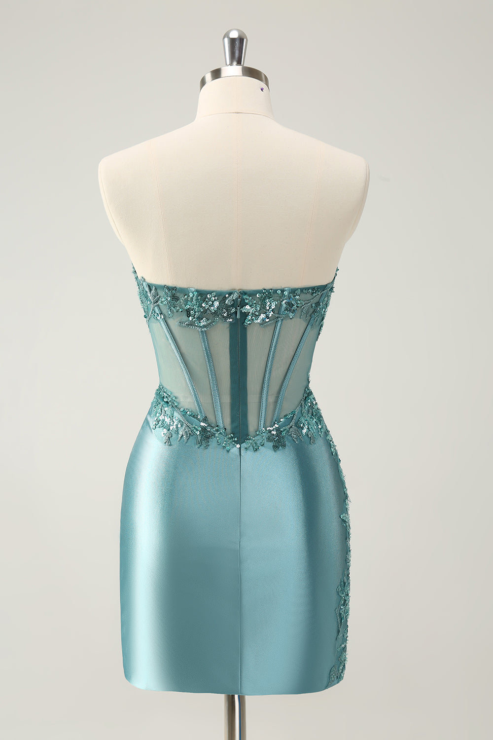 Homecoming Dress: Glittering Strapless Corset Mini with Peacock Appliques