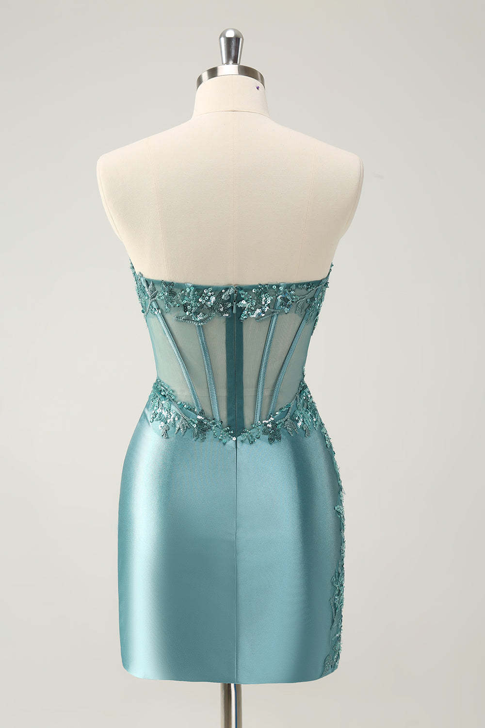 Homecoming Dress: Glittering Strapless Corset Mini with Peacock Appliques