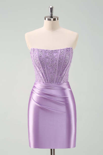 ZAPAKA Women Sparky Purple Short Homecoming Dress with Lace Strapless Bodycon Cocktail Dress