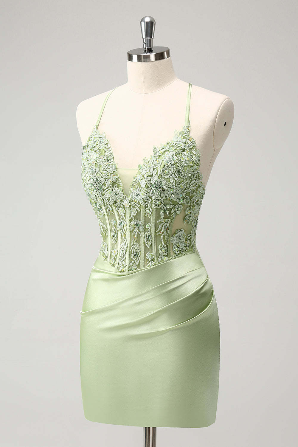 Glitter Green Homecoming Dress with Spaghetti Straps & Beaded Appliques