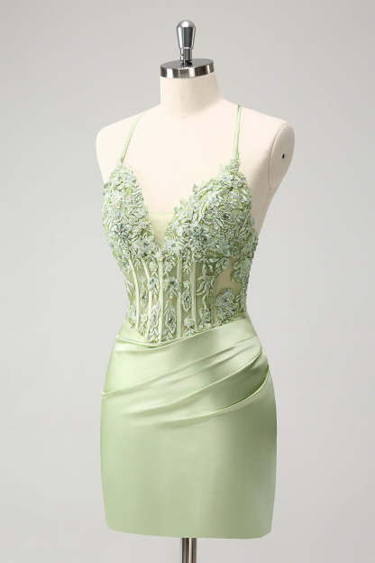 Glitter Green Homecoming Dress with Spaghetti Straps & Beaded Appliques