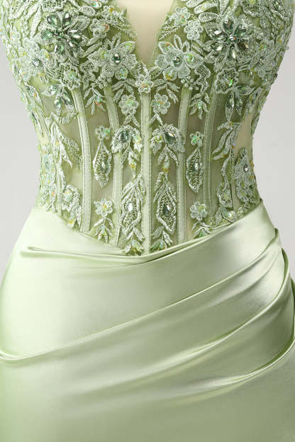 Glitter Green Homecoming Dress with Spaghetti Straps & Beaded Appliques
