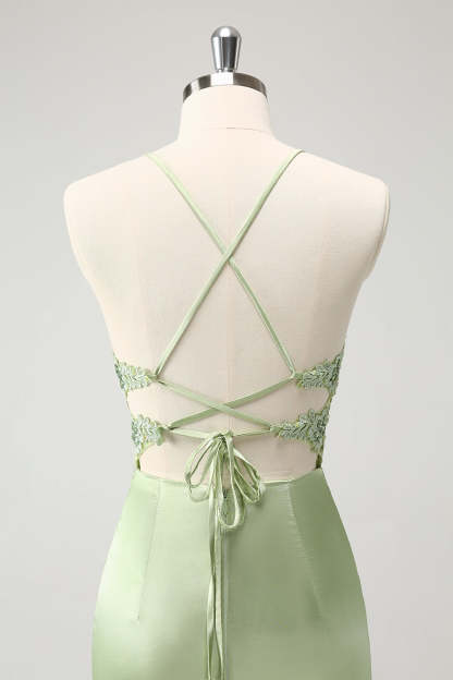 Glitter Green Homecoming Dress with Spaghetti Straps & Beaded Appliques
