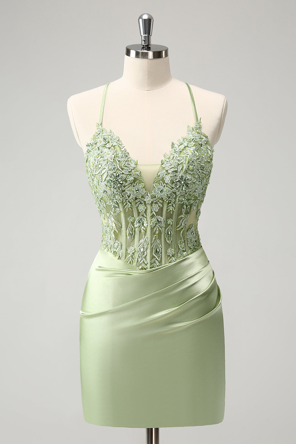 Glitter Green Homecoming Dress with Spaghetti Straps & Beaded Appliques