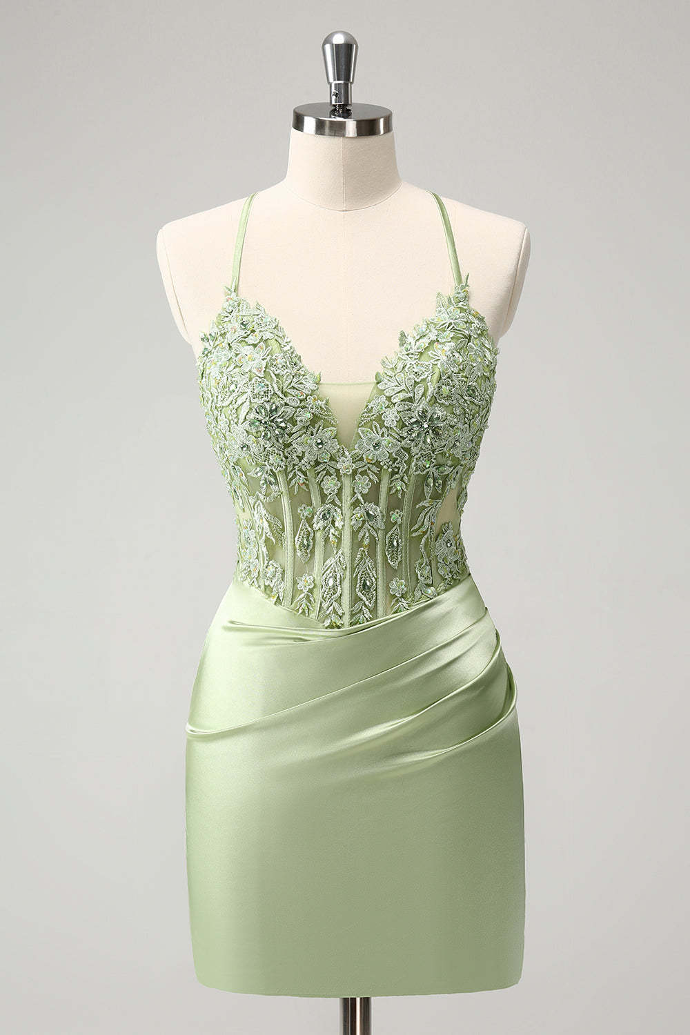 ZAPAKA Women Glitter Green Bodycon Homecoming Dress Spaghetti Straps Beaded Appliques Cocktail Dress