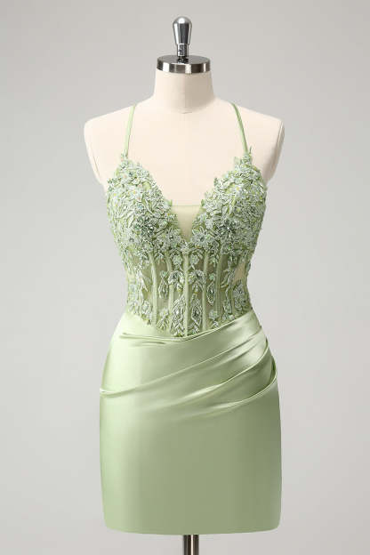 ZAPAKA Women Glitter Green Bodycon Homecoming Dress Spaghetti Straps Beaded Appliques Cocktail Dress