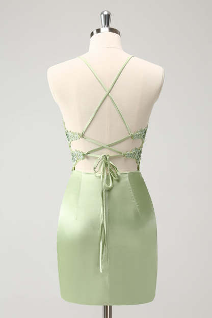 Glitter Green Homecoming Dress with Spaghetti Straps & Beaded Appliques