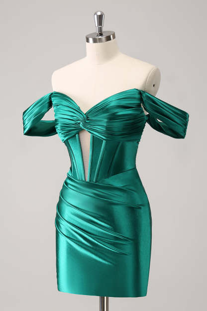 Dark Green Tight Off the Shoulder Corset Satin Homecoming Dress