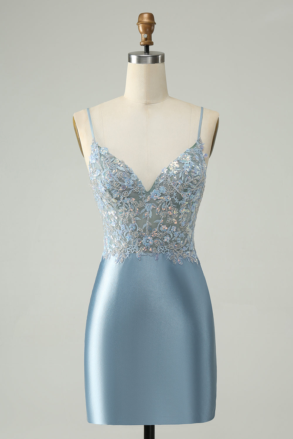 Dusty Blue Beaded Homecoming Dress with Floral Embroidery and Glitter Satin