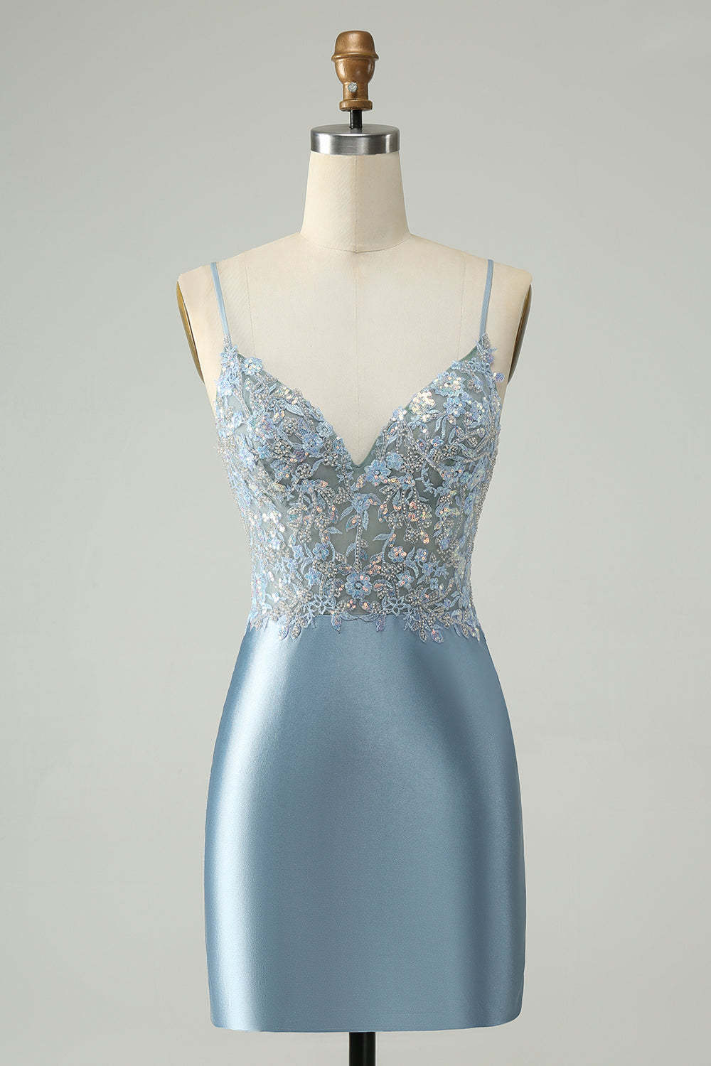 ZAPAKA Women Glitter Dusty Blue Tight Homecoming Dress V Neck Beaded Appliques Satin Cocktail Dress