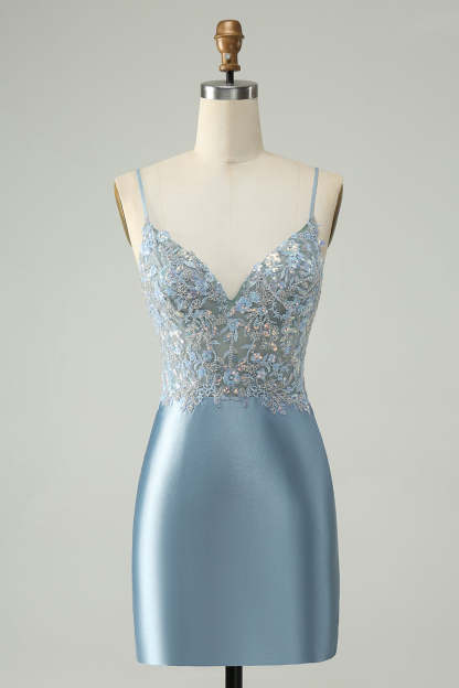 ZAPAKA Women Glitter Dusty Blue Tight Homecoming Dress V Neck Beaded Appliques Satin Cocktail Dress