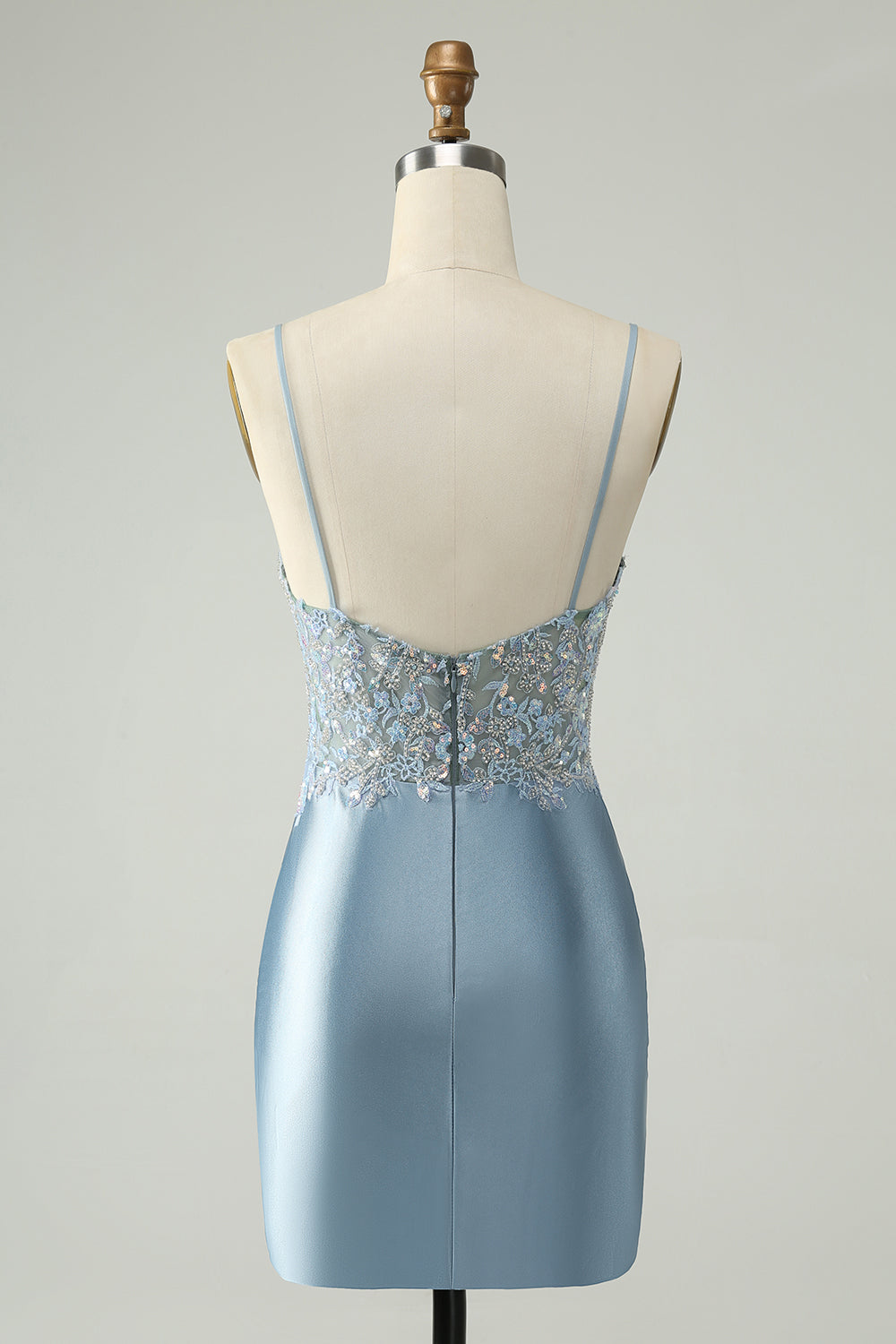 Dusty Blue Beaded Homecoming Dress with Floral Embroidery and Glitter Satin