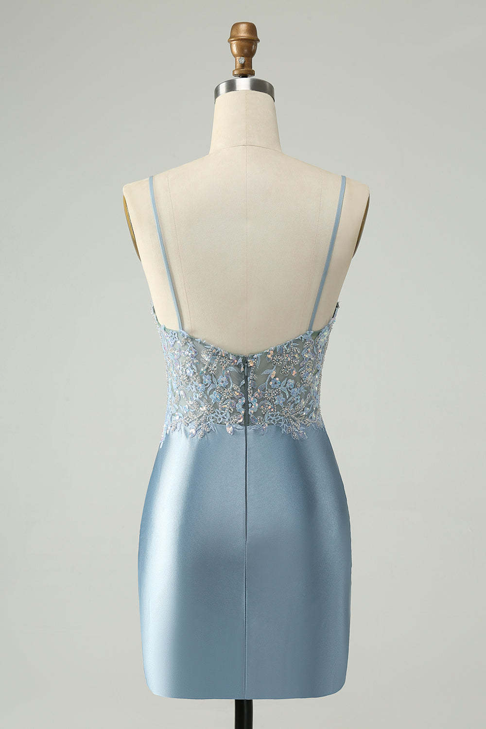 Dusty Blue Beaded Homecoming Dress with Floral Embroidery and Glitter Satin