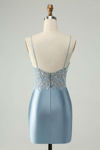 Dusty Blue Beaded Homecoming Dress with Floral Embroidery and Glitter Satin