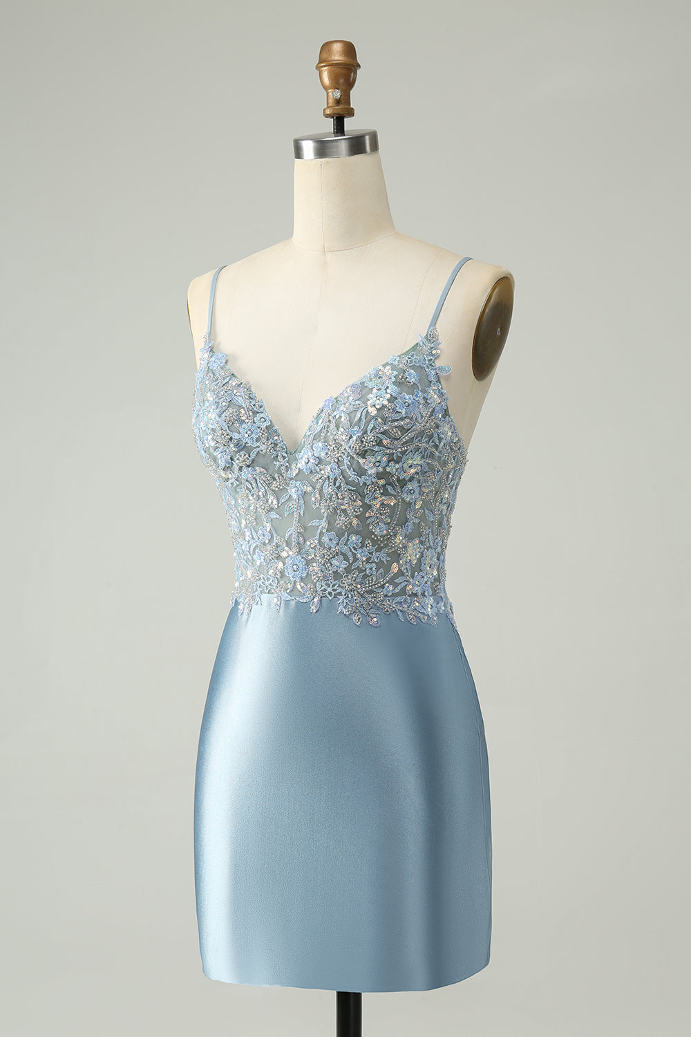 Dusty Blue Beaded Homecoming Dress with Floral Embroidery and Glitter Satin