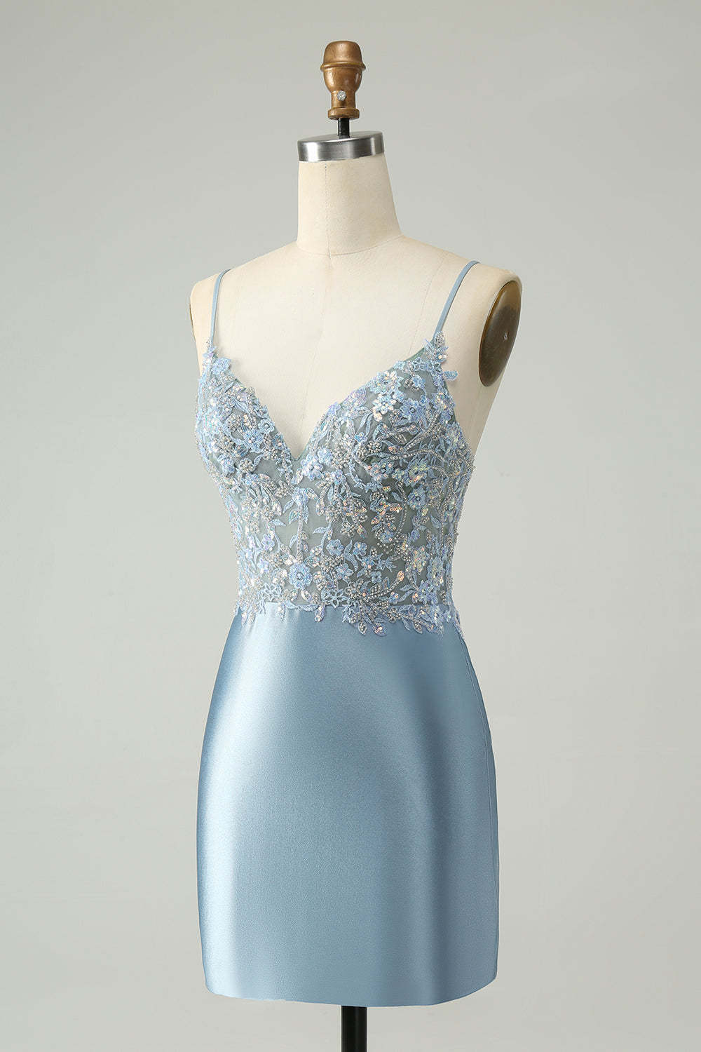 Dusty Blue Beaded Homecoming Dress with Floral Embroidery and Glitter Satin