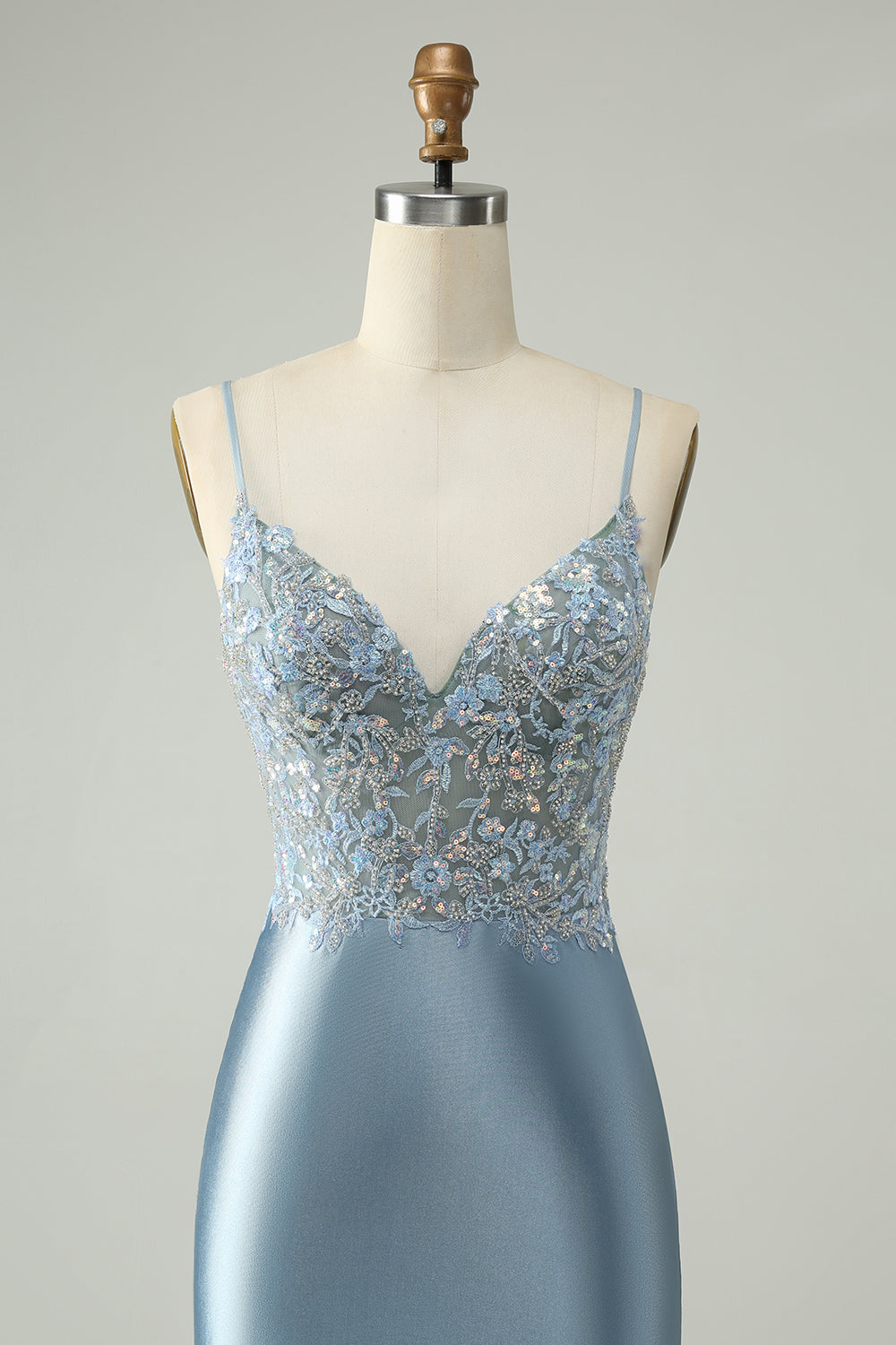 Dusty Blue Beaded Homecoming Dress with Floral Embroidery and Glitter Satin