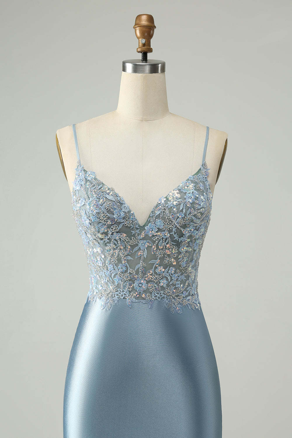 Dusty Blue Beaded Homecoming Dress with Floral Embroidery and Glitter Satin