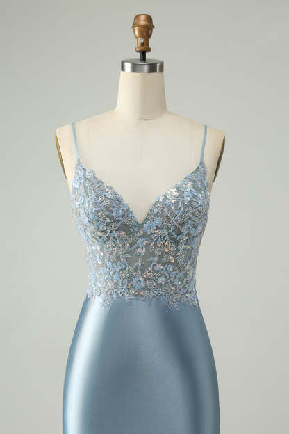 Dusty Blue Beaded Homecoming Dress with Floral Embroidery and Glitter Satin