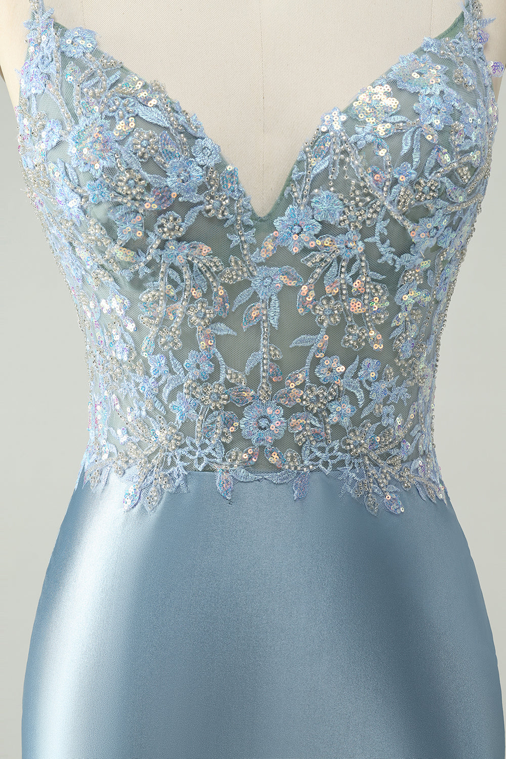 Dusty Blue Beaded Homecoming Dress with Floral Embroidery and Glitter Satin