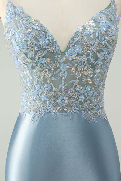 Dusty Blue Beaded Homecoming Dress with Floral Embroidery and Glitter Satin