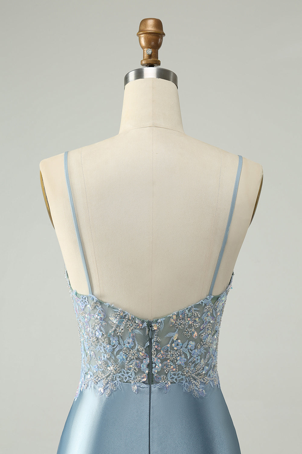 Dusty Blue Beaded Homecoming Dress with Floral Embroidery and Glitter Satin