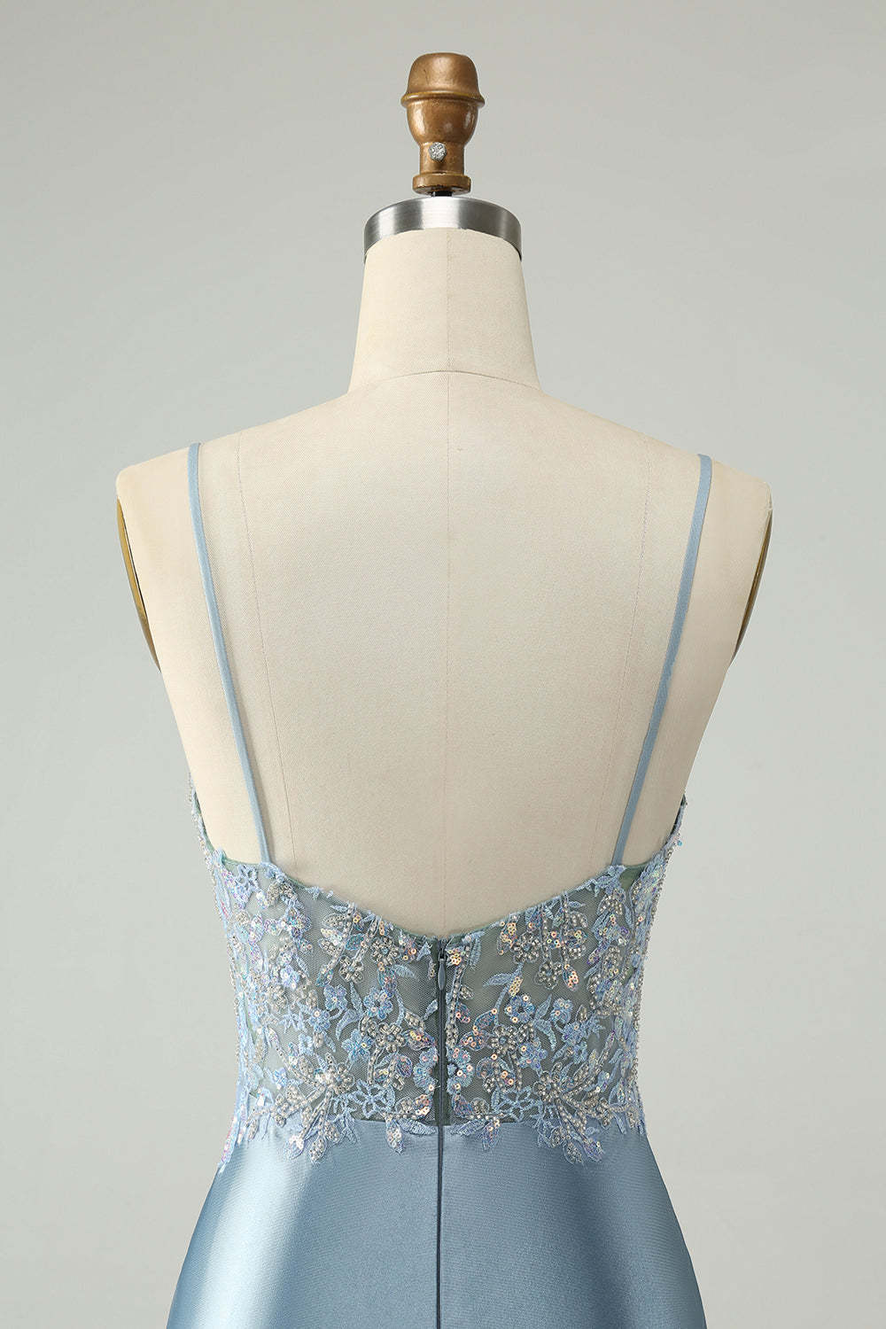 Dusty Blue Beaded Homecoming Dress with Floral Embroidery and Glitter Satin