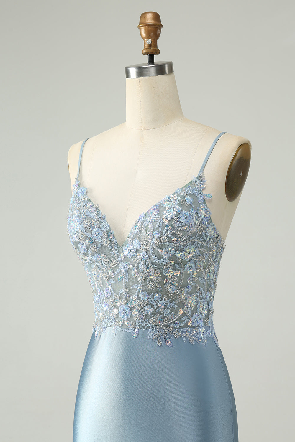 Dusty Blue Beaded Homecoming Dress with Floral Embroidery and Glitter Satin