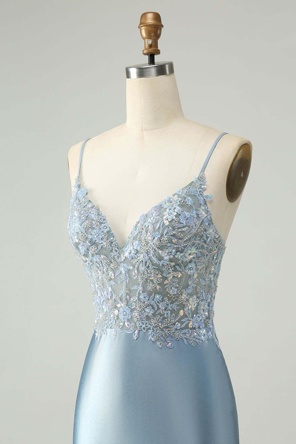 Dusty Blue Beaded Homecoming Dress with Floral Embroidery and Glitter Satin