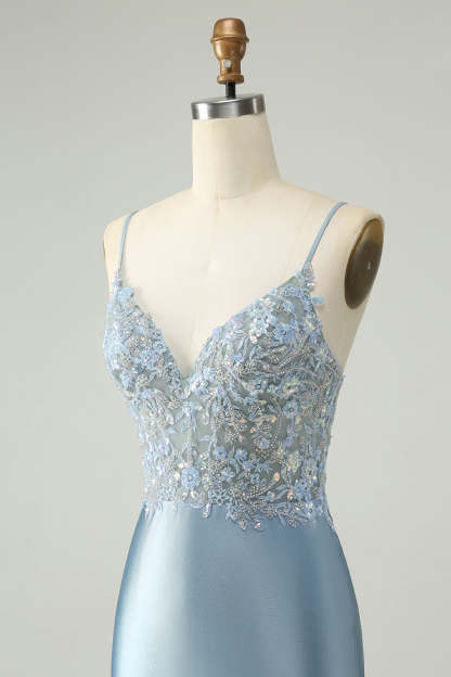 Dusty Blue Beaded Homecoming Dress with Floral Embroidery and Glitter Satin