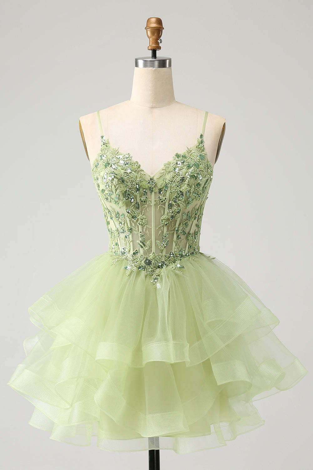 Light Green A-Line Tulle Tiered Short Homecoming Dress with Appliques