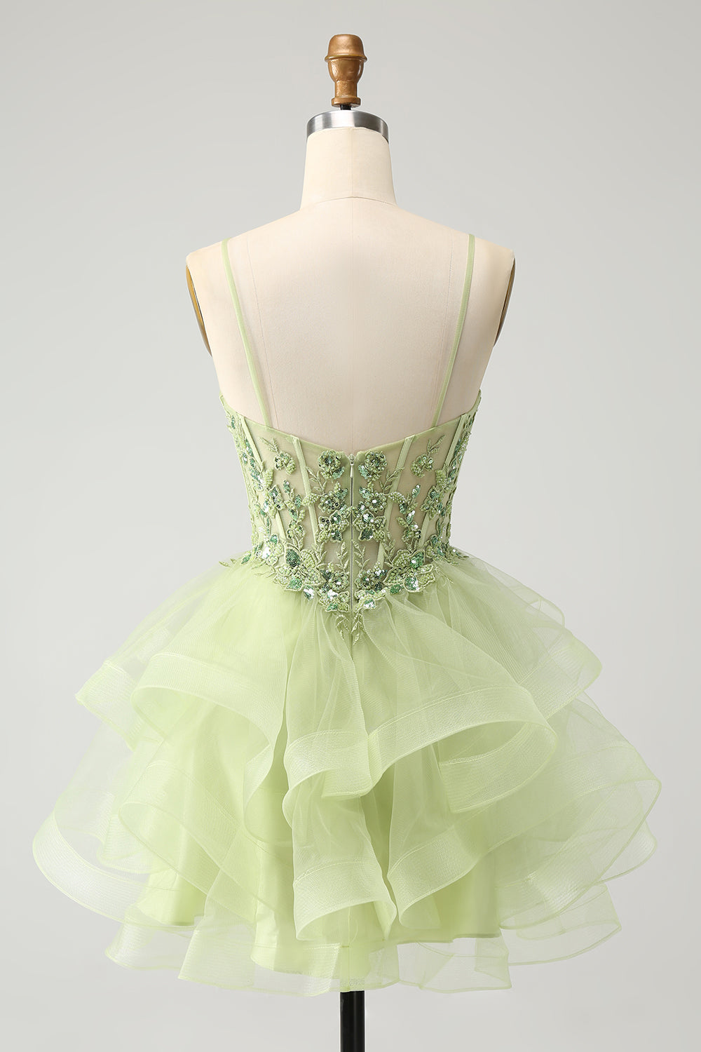 Light Green A-Line Tulle Tiered Short Homecoming Dress with Appliques