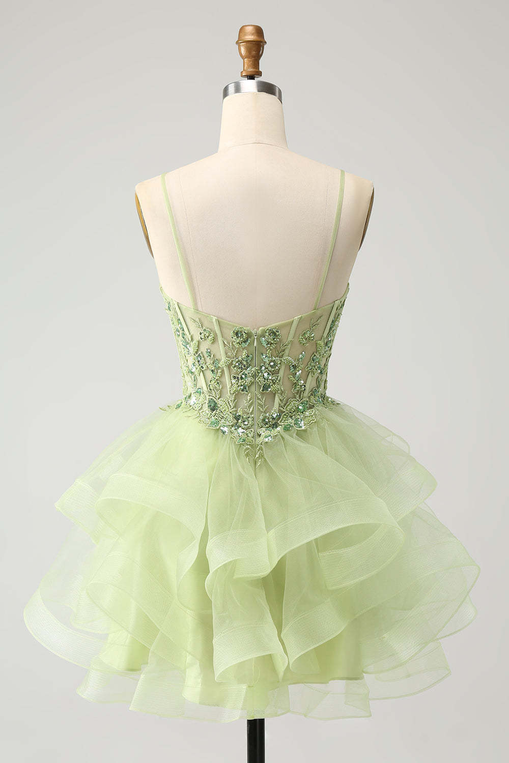 Light Green A-Line Tulle Tiered Short Homecoming Dress with Appliques