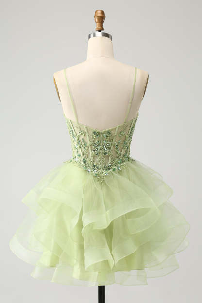 Light Green A-Line Tulle Tiered Short Homecoming Dress with Appliques