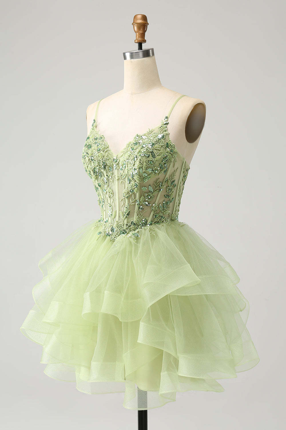 Light Green A-Line Tulle Tiered Short Homecoming Dress with Appliques