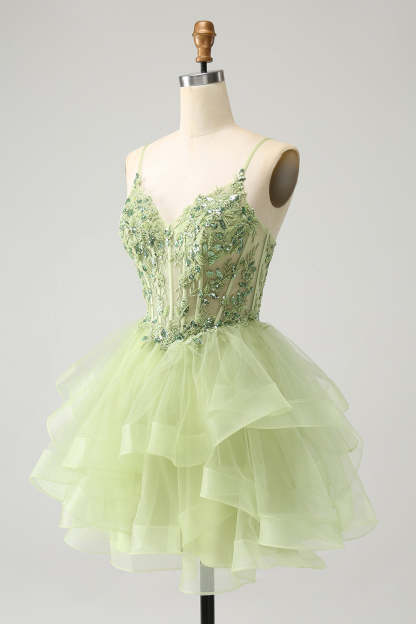 Light Green A-Line Tulle Tiered Short Homecoming Dress with Appliques