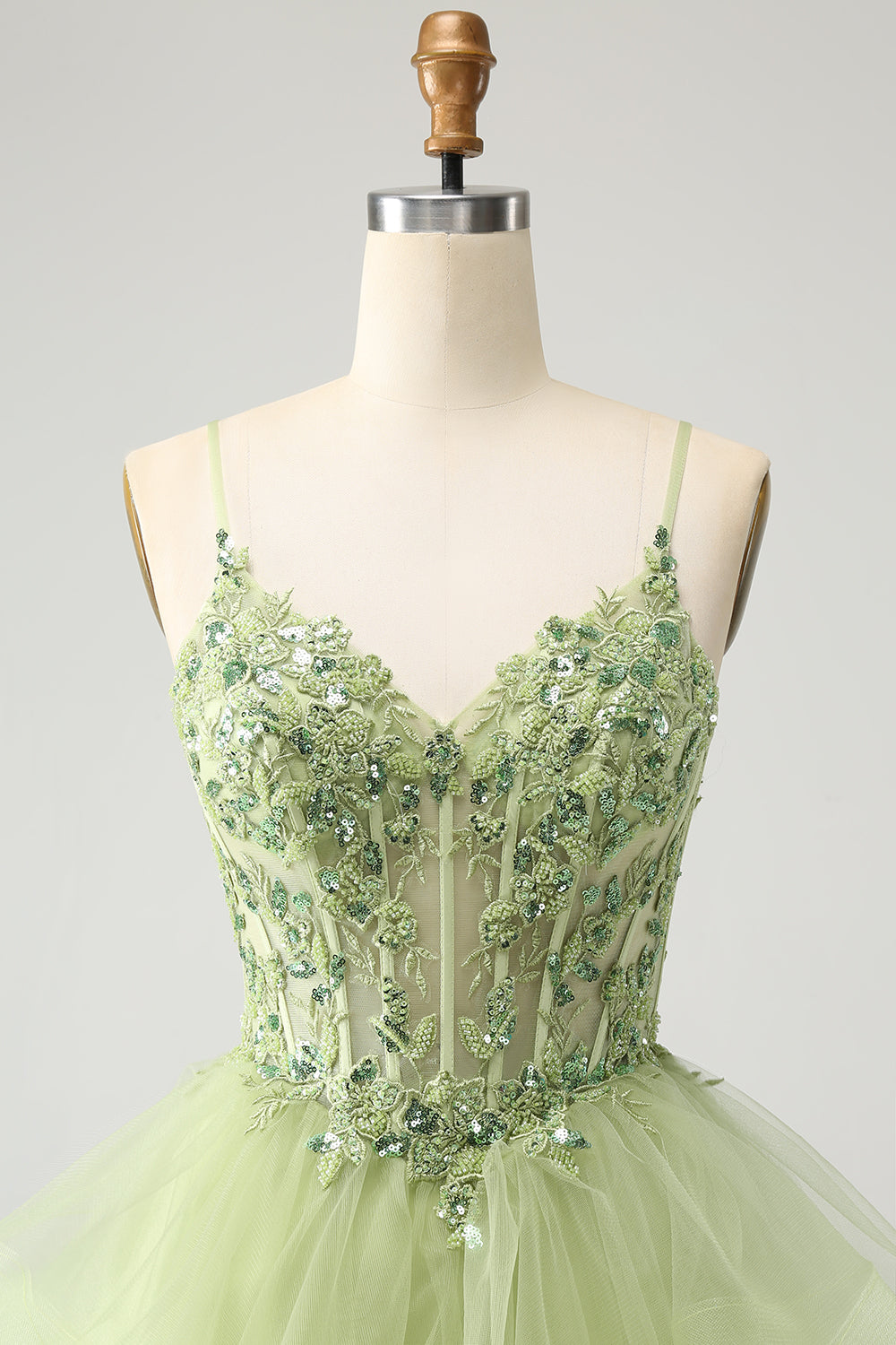 Light Green A-Line Tulle Tiered Short Homecoming Dress with Appliques