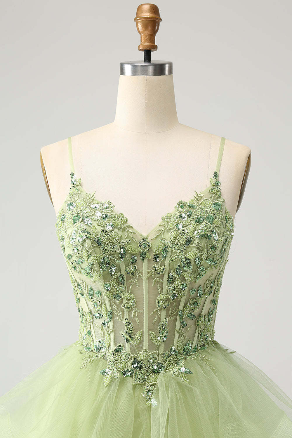 Light Green A-Line Tulle Tiered Short Homecoming Dress with Appliques