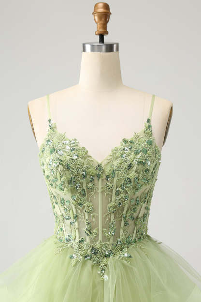 Light Green A-Line Tulle Tiered Short Homecoming Dress with Appliques