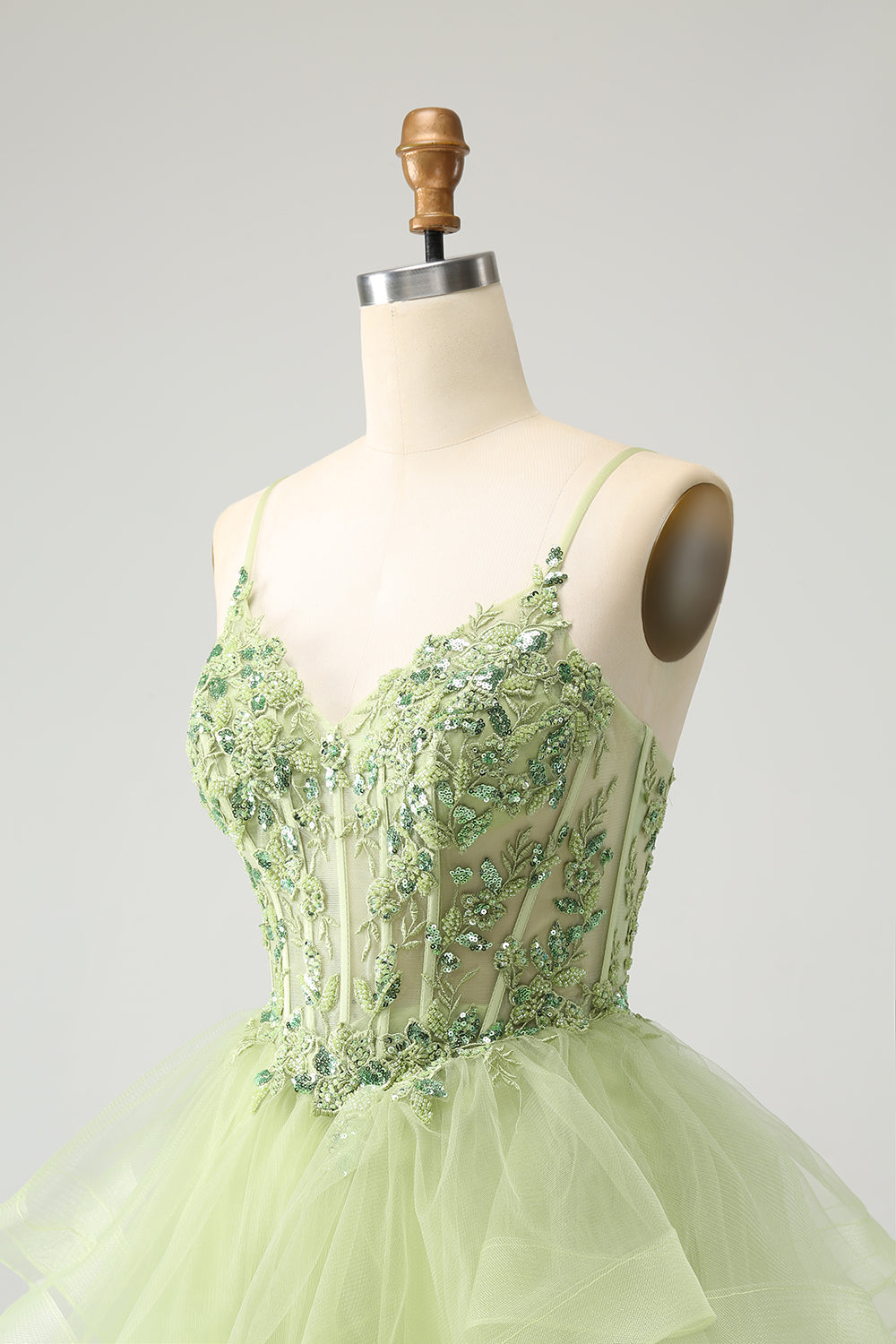 Light Green A-Line Tulle Tiered Short Homecoming Dress with Appliques