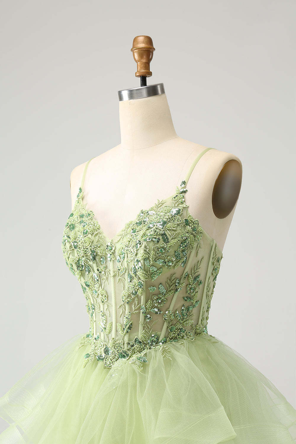 Light Green A-Line Tulle Tiered Short Homecoming Dress with Appliques