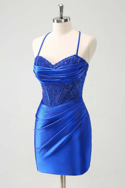 Sparkly Royal Blue Sweetheart Bodycon Corset Short Homecoming Dress with Lace Up Back
