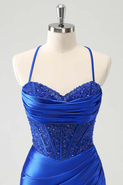 Sparkly Royal Blue Sweetheart Bodycon Corset Short Homecoming Dress with Lace Up Back
